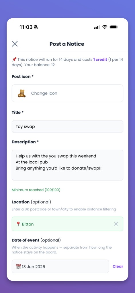 SEN Village Post a Notice screen showing title, description, location, and credit cost