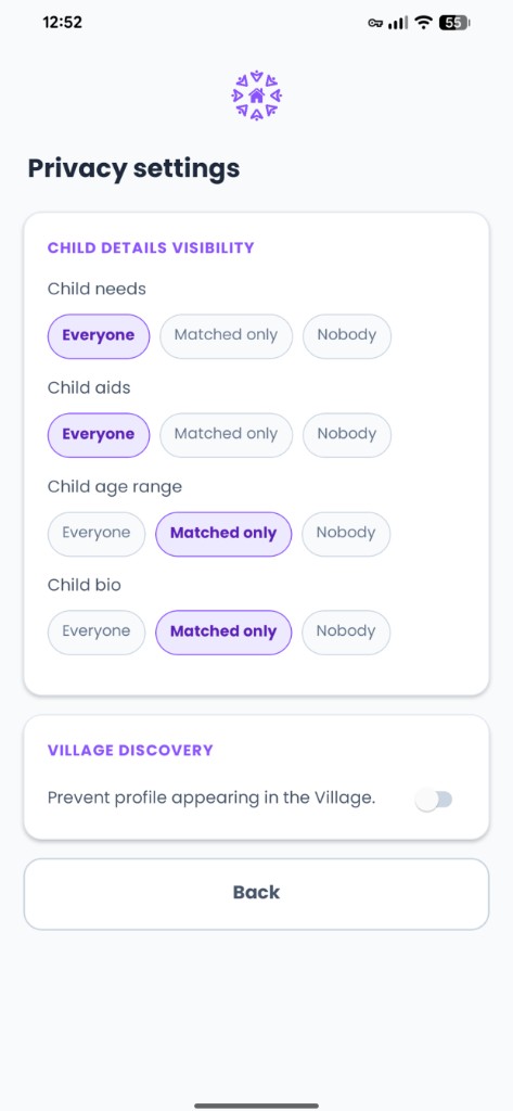 SEN Village privacy settings for child details visibility and Village discovery