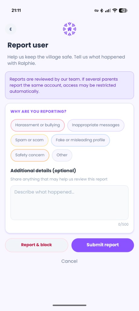 SEN Village report user screen with reason options and submit controls