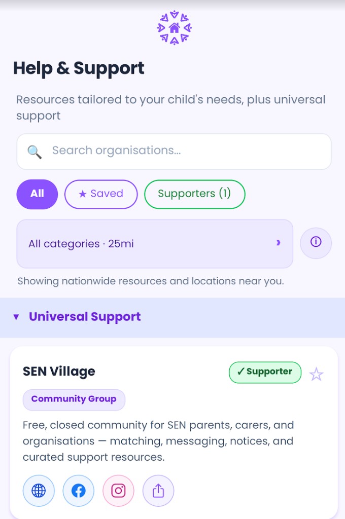 SEN Village Support listing for SEN Village as a community group and Supporter partner