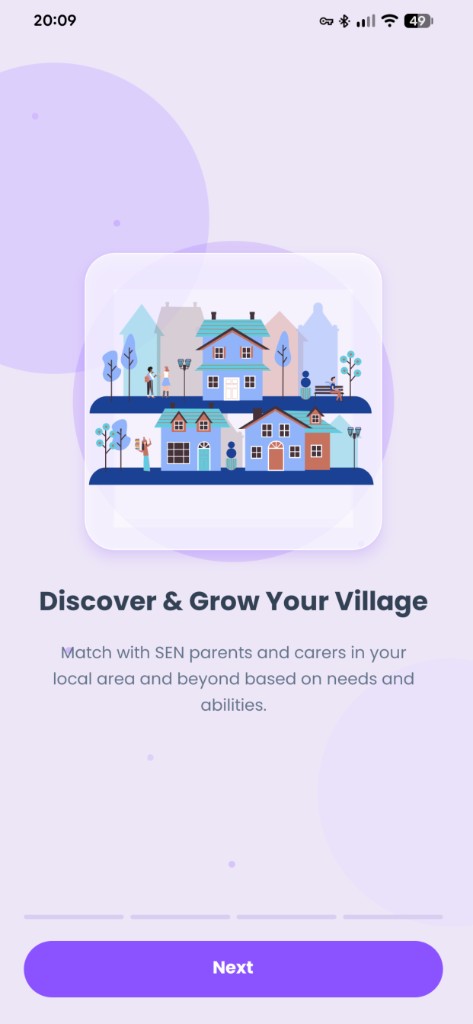 SEN Village onboarding screen showing Discover and Grow Your Village with matching by needs and abilities