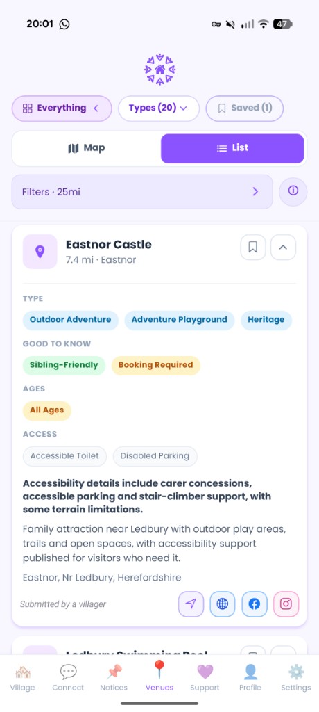SEN Village Venues list showing a free Eastnor Castle listing without a Sponsored badge