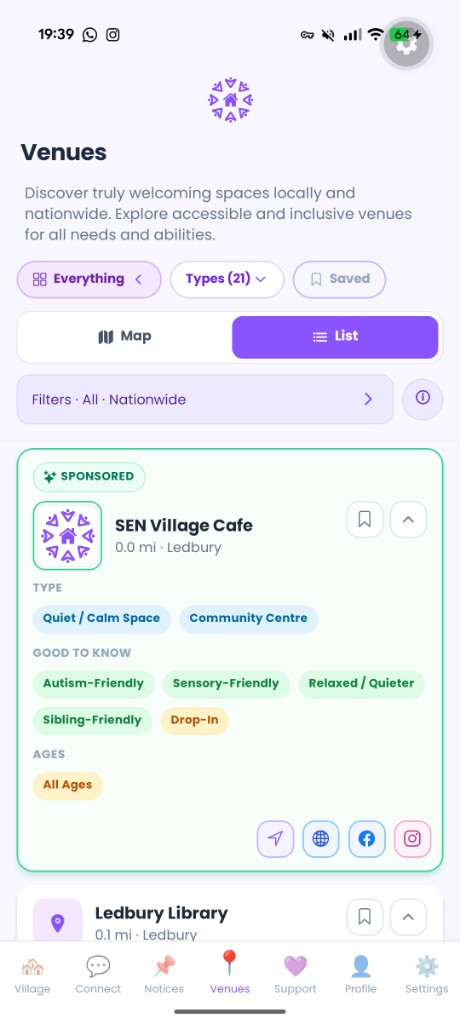 SEN Village Venues list showing a Sponsored venue card with green border, logo, and Sponsored badge